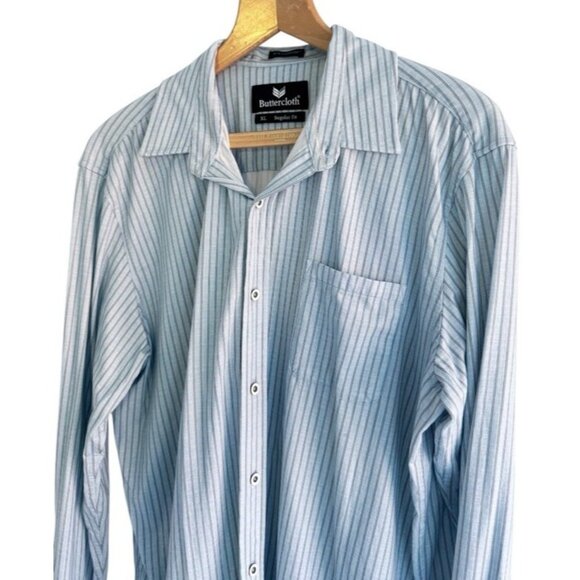 Buttercloth Men's Sz XL Icy Cotton Regular Fit Blue Striped Button Up Shirt - Picture 2 of 7